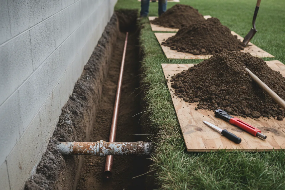 Excavated water line trench during Water Softener Installation in Mabank